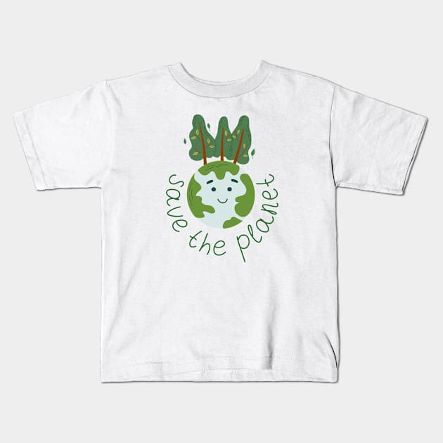 Planet Earth with smiling face and trees Kids T-Shirt by DanielK